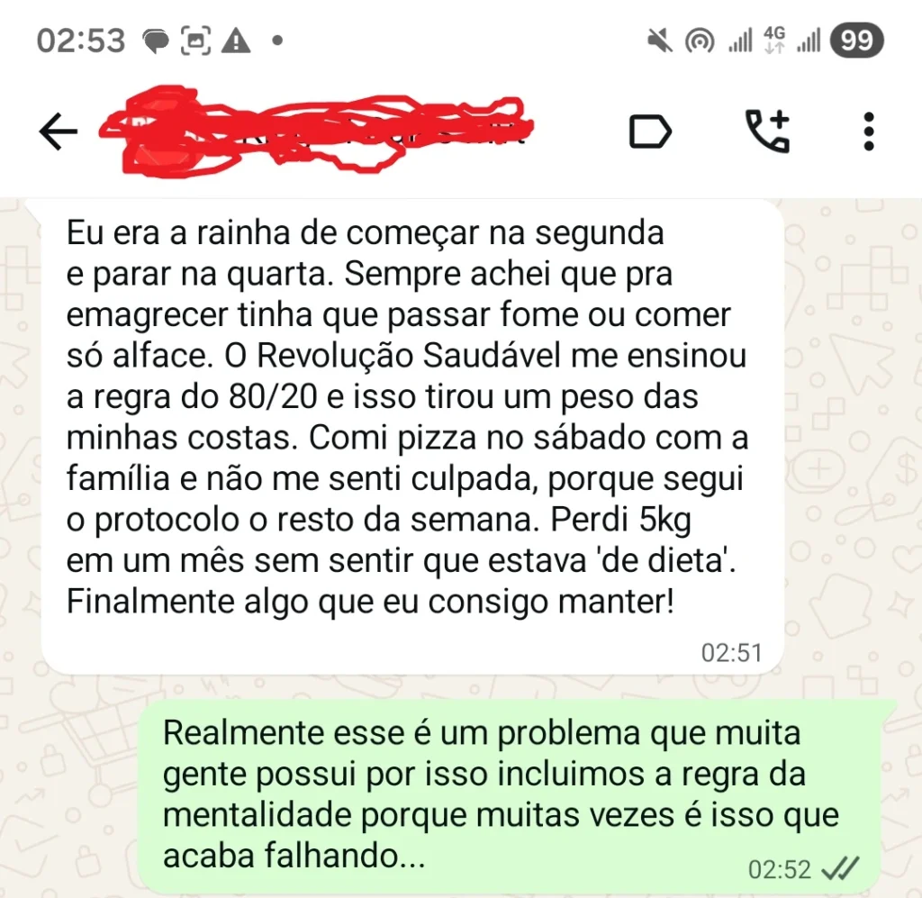 Depoimento de aluna por mensagem
